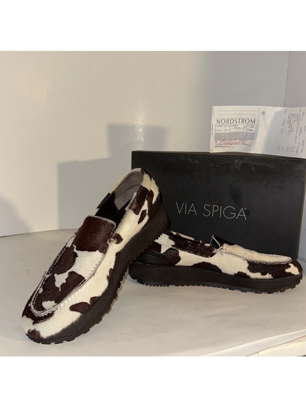 Via Spiga Brown & White Cowhide Slip-On Driving Loafers
